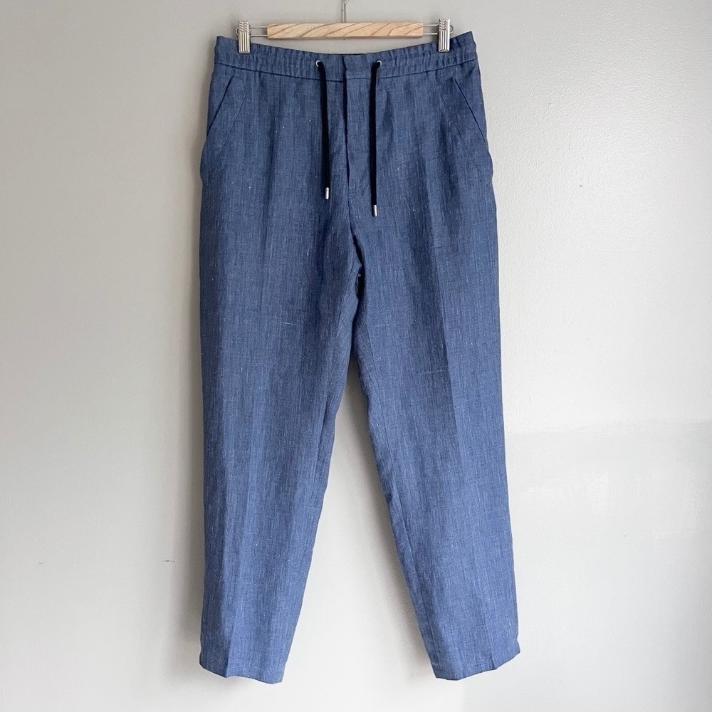 Brett Johnson Linen Trousers 50 Blue Drawstring Elastic Waist Italy Luxury 32x29